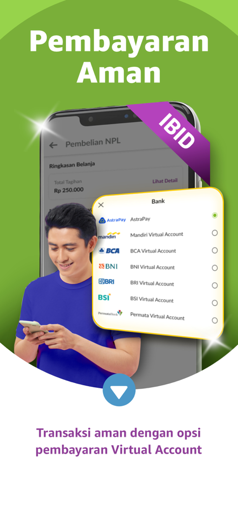 IBID - Balai Lelang Astra - 安全な取引のためのさまざまな仮想アカウントオプションを示すIBIDオークションアプリの安全な支払い画面