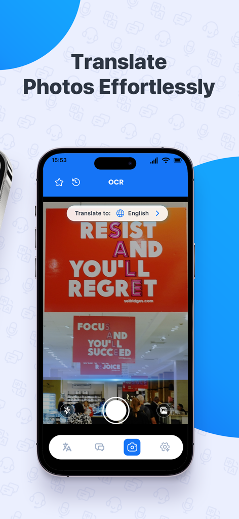 Smartphone screen showing the Smart Translator app using its camera translation feature to scan text on a sign