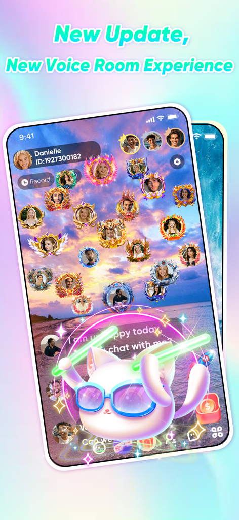 Interface of the SOYOU app showcasing the new voice room experience with user avatars and a 3D cat character over a beach sunset background