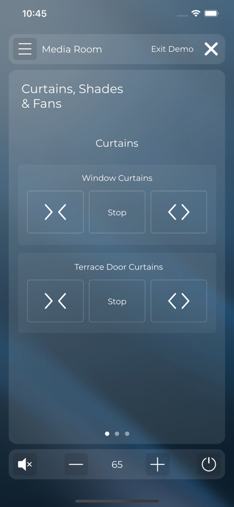 RTiPanel - RTiPanel interface showing curtain and shade controls for a media room
