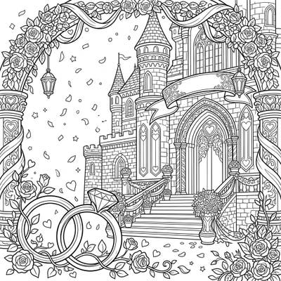 Immerse yourself in a dreamlike wedding scene at a majestic royal palace, ready for your creative touch. This intricate coloring page captures the elegance and romance of a grand celebration, perfect for all ages.