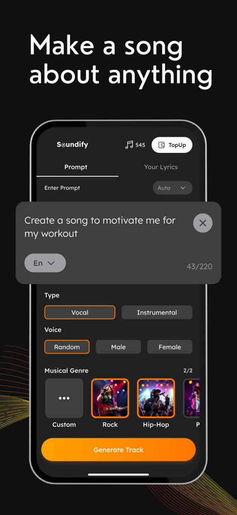 Soundify - AI Song Maker - A mobile app interface for Soundify showing an AI song generator with a prompt for a workout song and options for genre, voice type, and a generate track button.