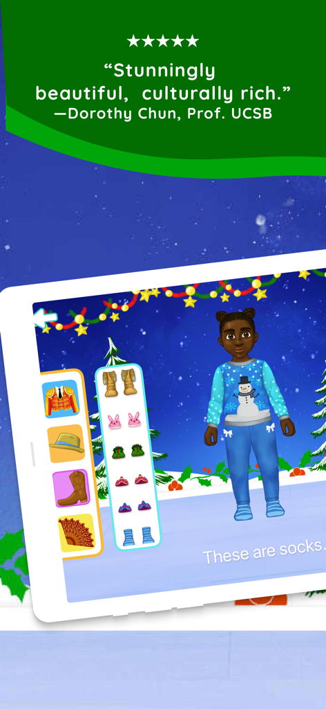 Shoonya Kids app interface showing a character dress-up activity for vocabulary learning