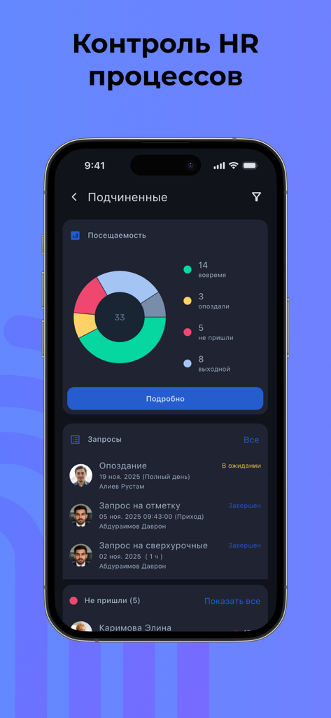 Verifix Mobile App Dashboard mit Mitarbeiteranwesenheitsstatistiken und HR-Anfragen