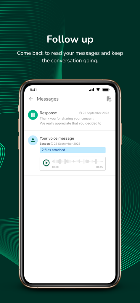 SpeakUp app interface showing a secure messaging thread with a voice message and organizational response