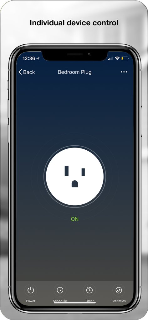 Energizer Connect - Energizer Connect app screen for individual control of a bedroom smart plug showing it is on