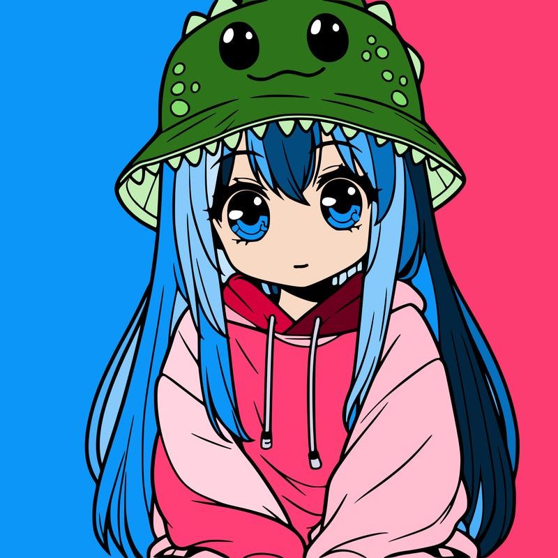 girl with anime shaped eyes with a dinosaur bucket hat oversized sweatshirt long straight hair