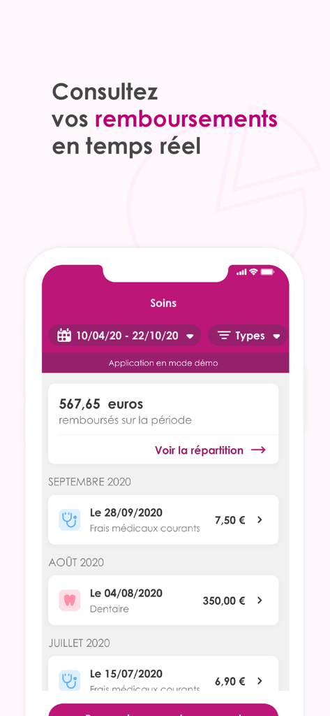 Application santé Hélium montrant une liste de remboursements d'assurance maladie et dentaire.
