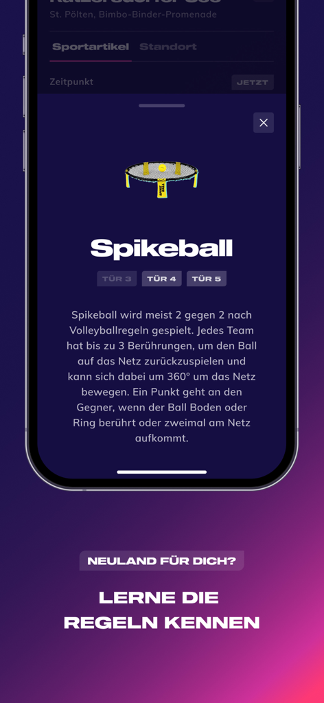 Sportogo app screen explaining Spikeball rules and equipment rental