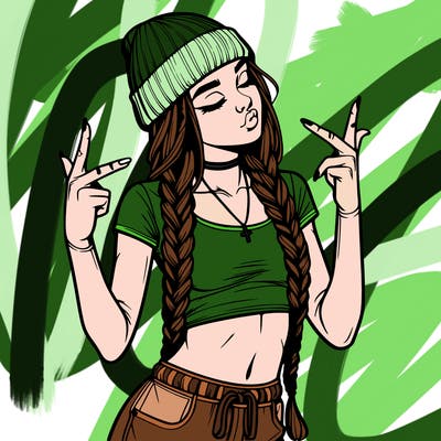 realistic teenage girl with braids and a beanie and crop top doing 🫶🏼