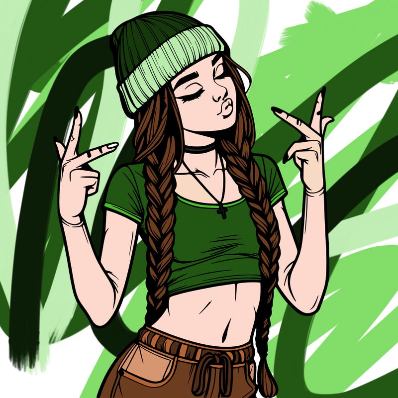 realistic teenage girl with braids and a beanie and crop top doing 🫶🏼
