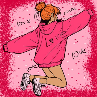 realistic girl jumping with a bun and oversized sweatshirt