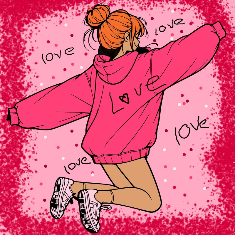 realistic girl jumping with a bun and oversized sweatshirt