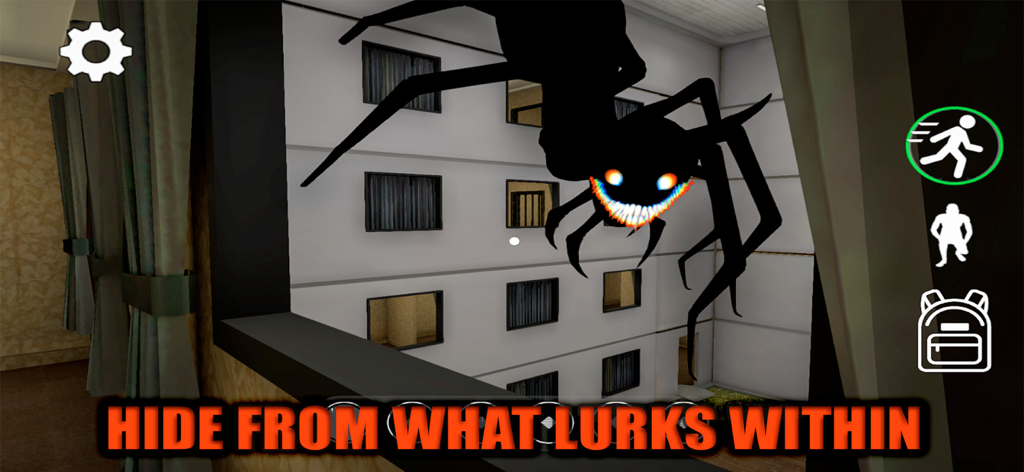 Backrooms Descent: Horror Game - Ein schattenhaftes Monster mit leuchtenden Augen und einem Lächeln lauert in den Backrooms