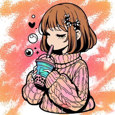 manga girl drinking boba in cozy sweater
