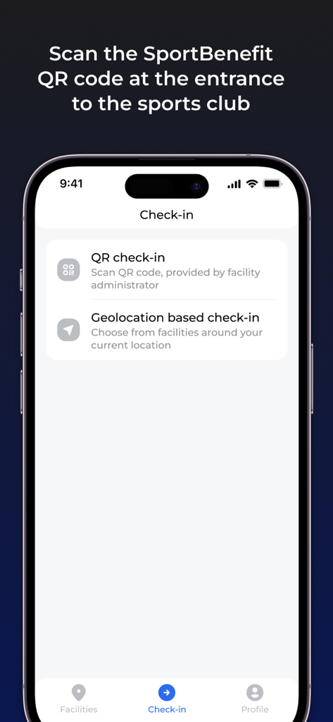 Pantalla de check-in de la aplicación Sportbenefit mostrando opciones de código QR y geolocalización