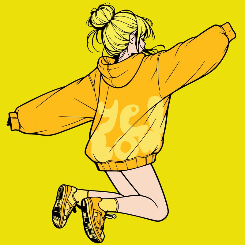 realistic girl jumping with a bun and oversized sweatshirt