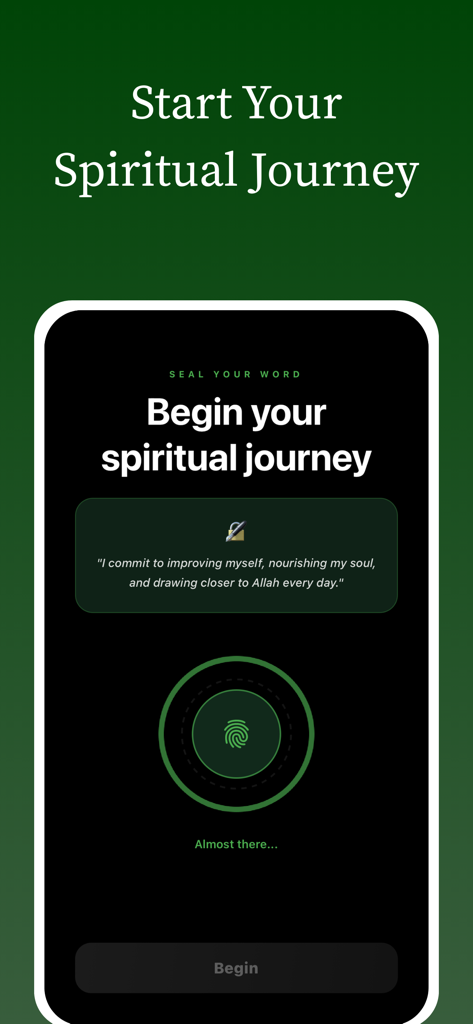 Sabr AI app onboarding screen for starting a spiritual journey with a personal commitment.