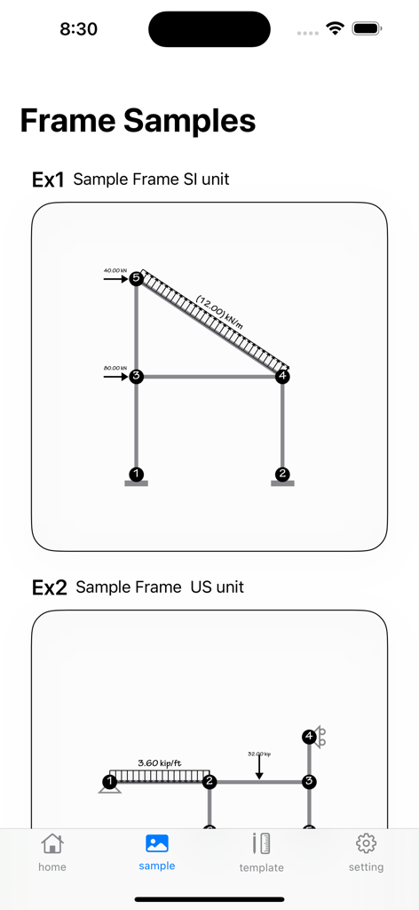A-Frame - Samples of 2D structural frame analysis calculations in the A-Frame app