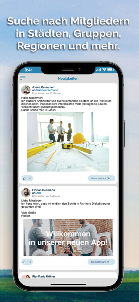 GDL App - GDL App social feed showing member posts and networking features