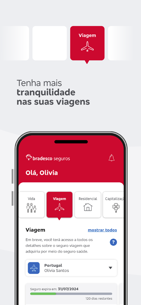Bradesco Seguros app interface showing travel insurance details for a trip to Portugal