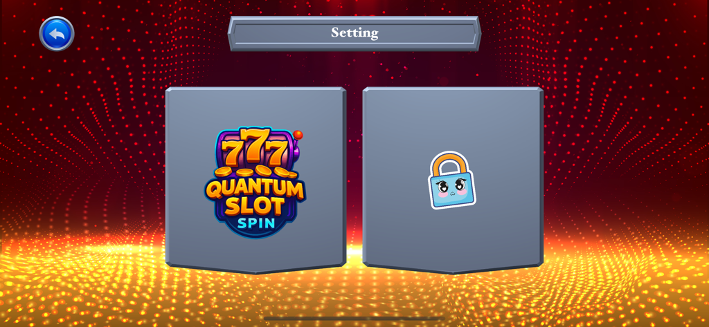 HyperLuck Slots Station - Game selection menu for HyperLuck Slots Station featuring QuantumSlot and a locked level on a sparkly background.
