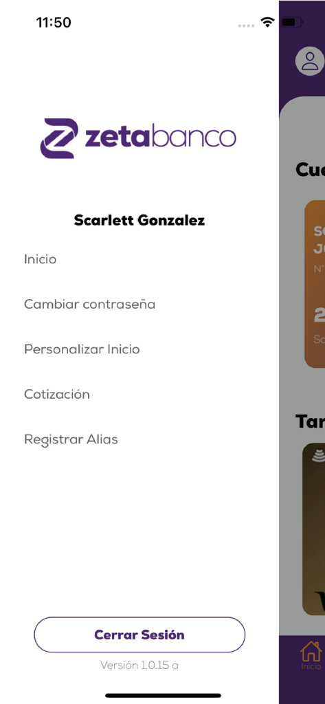 Zeta - 계좌 설정 및 환율 옵션이 있는 Zeta Banco 앱 측면 메뉴.