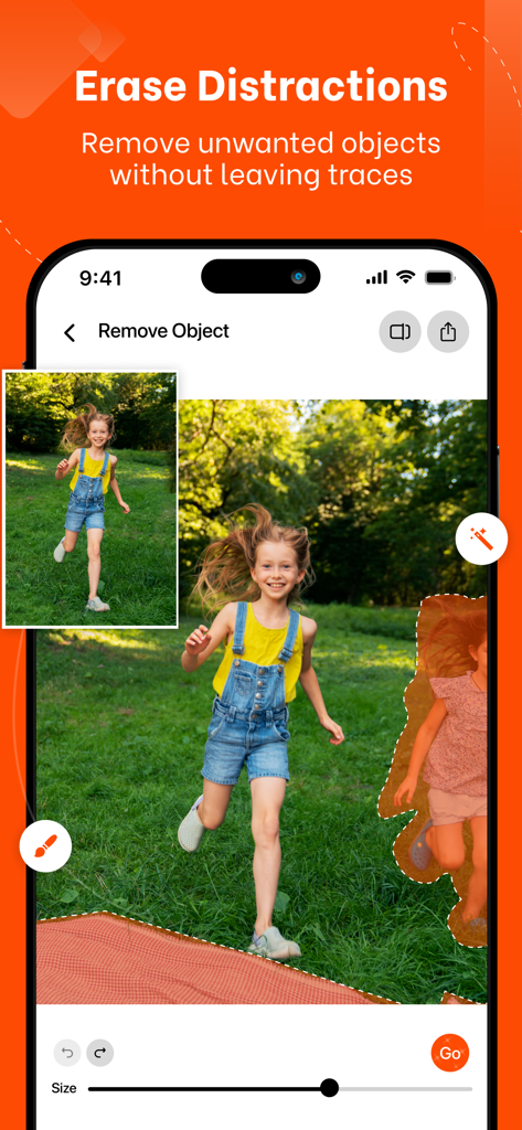 Photo Retouch Remove Objects - Interface do aplicativo Photo Retouch mostrando um usuário removendo distrações de fundo de uma foto de uma criança em um parque