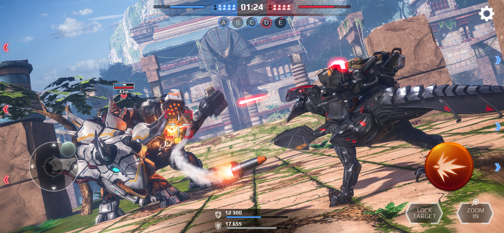 Jurassic Monster World 3D FPS - A mechanized dinosaur firing a missile at an augmented Triceratops in an ancient ruin arena battle