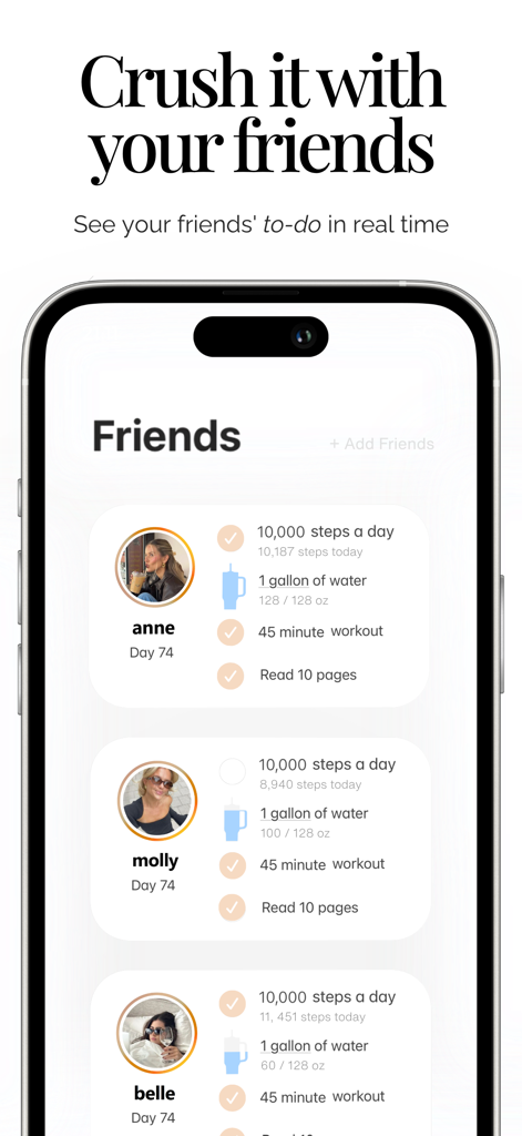 Her 75 - 友達の毎日のチャレンジToDoリストと習慣トラッキングの進捗状況をリアルタイムで表示するモバイルアプリのインターフェース
