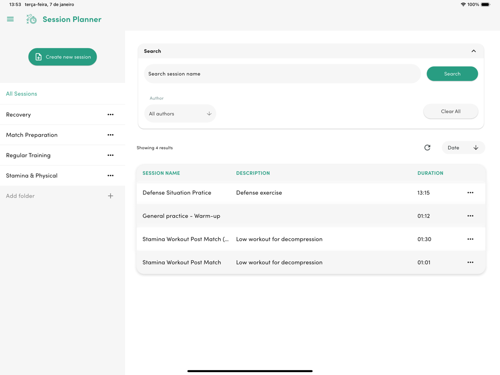 Tactical Boards - Écran de planification de session de l'application Tactical Boards montrant une liste d'exercices d'entraînement et des filtres de recherche