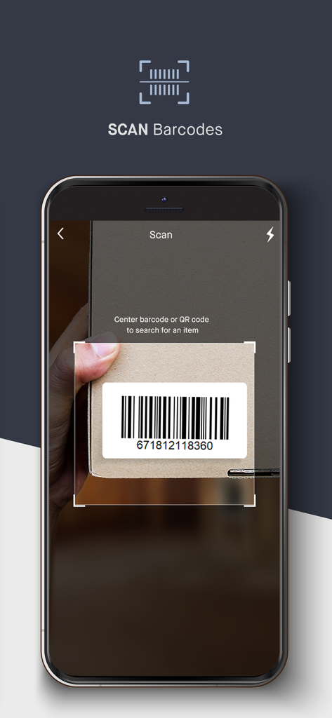 A smartphone using the SupplyHouse app to scan a barcode on a cardboard box for quick product lookup.