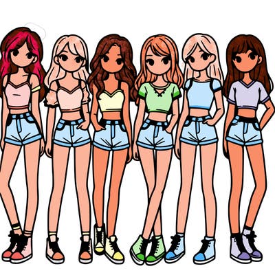 a group of girls wearing crop tops and shorts