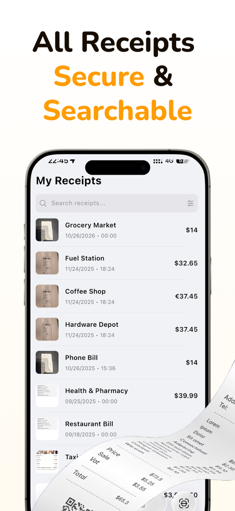 Receipto: Tax Receipt Scanner - A mobile screen showing a secure and searchable list of scanned receipts organized by category and amount