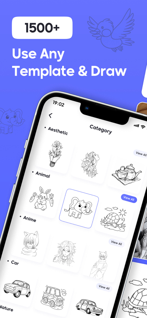 AR Sketch - Trace Anything - AR 스케치 앱에서 미학적 애니메이션 및 동물과 같은 다양한 그림 템플릿과 카테고리를 표시하는 스마트폰.