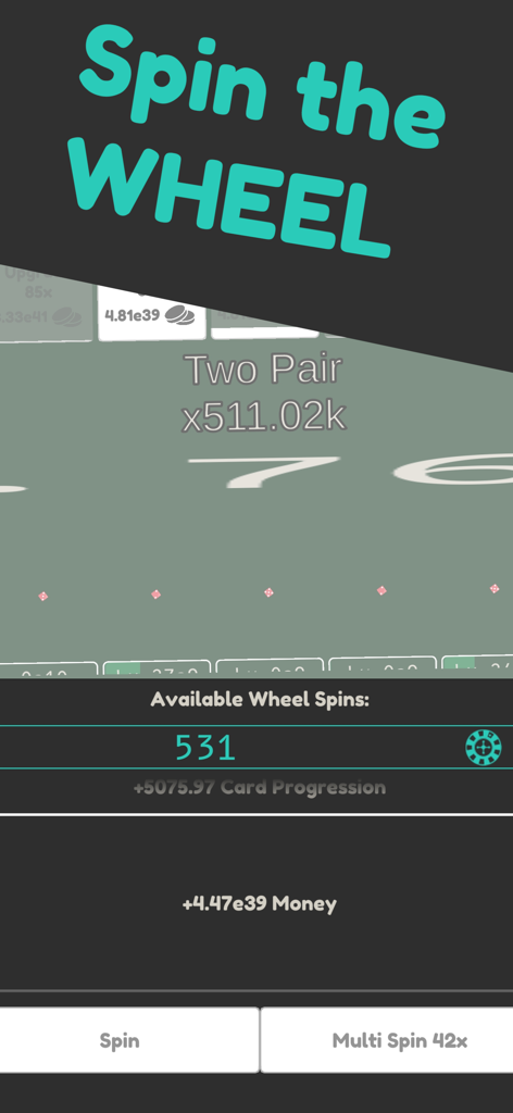 A screenshot of Idle Dice 2 showing the spin the wheel feature with exponential rewards and available spins in dark mode