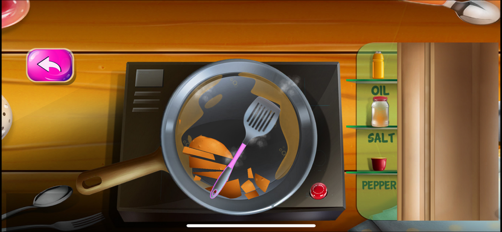 Cooking Chef: Master Kitchen - Un fornello da cucina digitale con una padella, una spatola e condimenti in un gioco di cucina per bambini