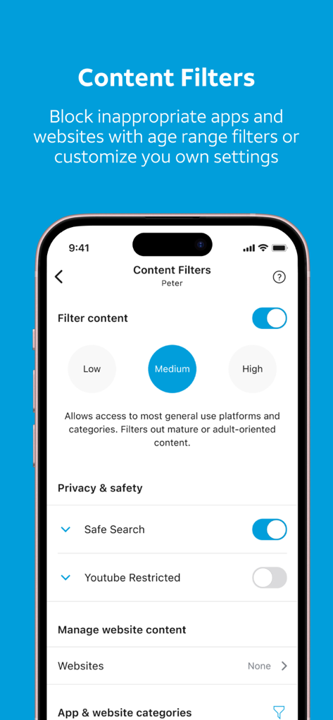 AT&T Secure Family® parent app - AT&T Secure Family app content filter settings screen showing medium protection level.
