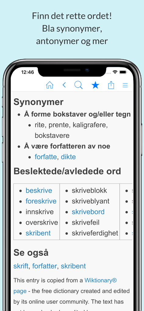 Norsk Ordbok og Synonymer - Norwegian dictionary app interface displaying synonyms and related vocabulary for writing