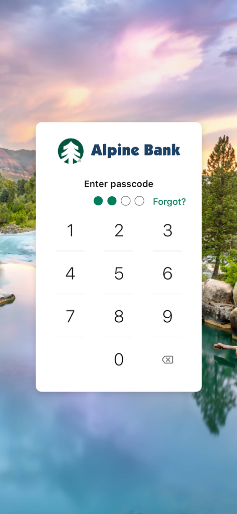 Alpine Bank - Alpine Mobile - Alpine Bank mobile app login screen with numeric passcode entry and a Colorado mountain river background