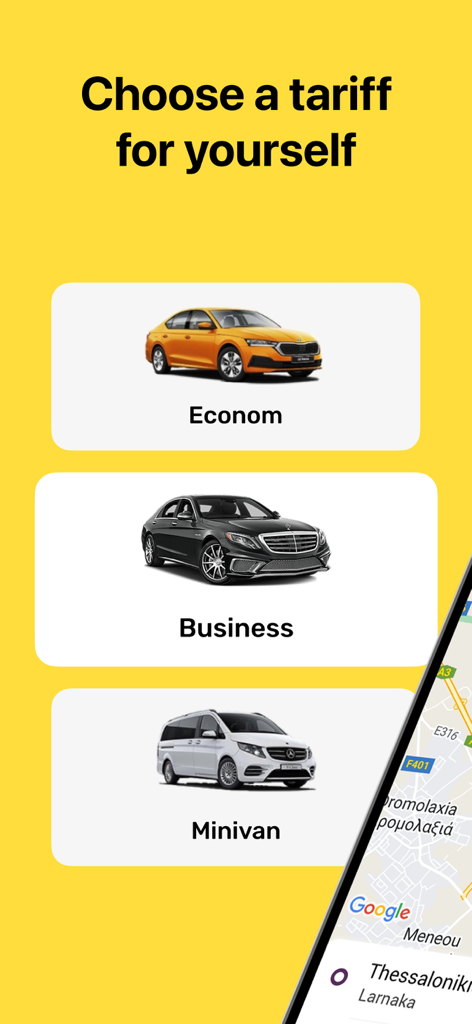Alfa: Taxi & Cab Ride Cyprus - Alfa taxi app screen displaying ride options for Econom, Business, and Minivan categories in Cyprus.