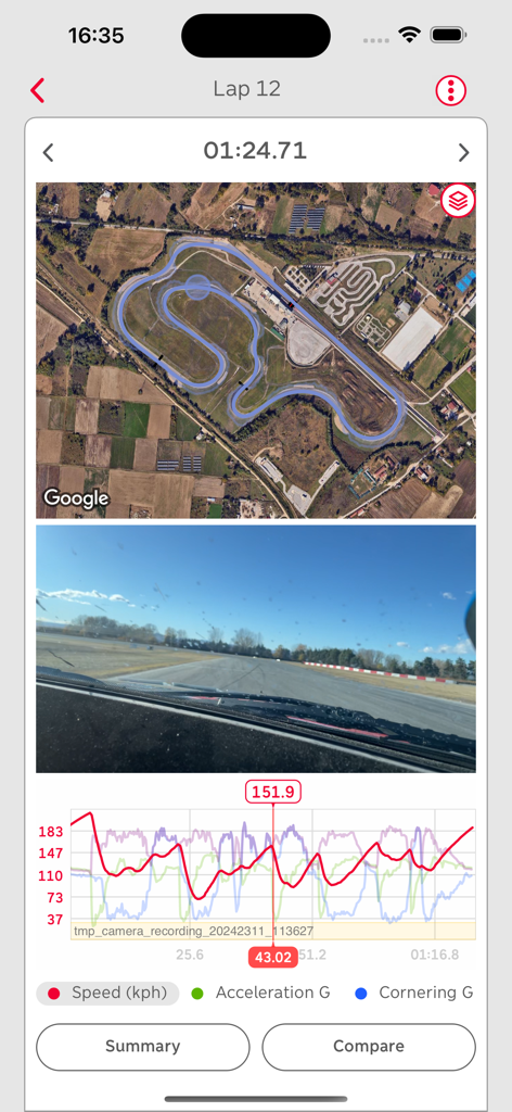 RaceBox - RaceBox app interface showing lap timing, satellite track map, dashcam video, and performance telemetry graphs.