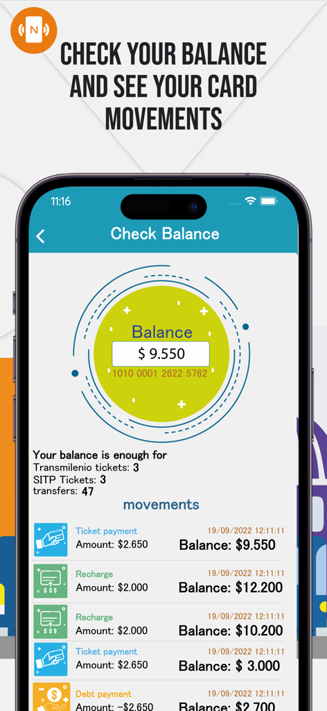 TransmiSitp MoviliXa - Interfaz de aplicación móvil que muestra el saldo y el historial de transacciones de una tarjeta de tránsito de Bogotá utilizando NFC