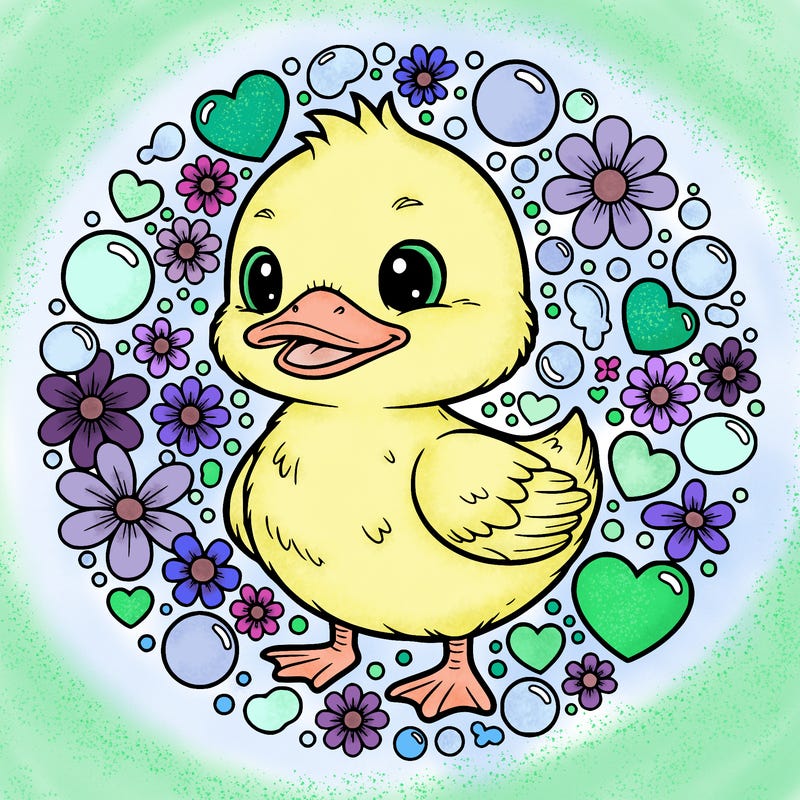 make a cute chibi duck with bubbles cute hearts and flowers around it