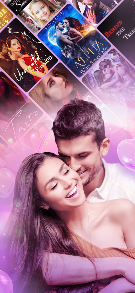 NovelZoom - Collage of romance and fantasy book covers with a happy couple in the foreground