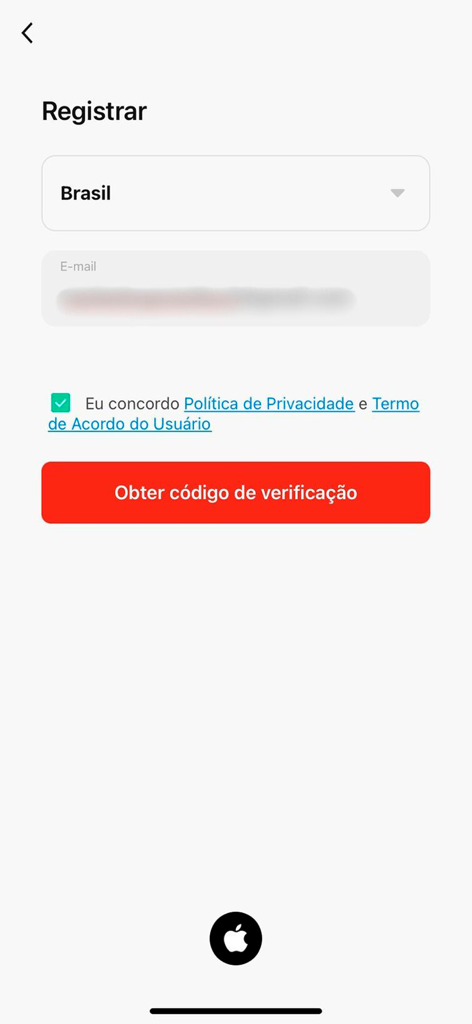 Neo Avant - Tela de registro para o aplicativo de casa inteligente Neo Avant, apresentando entrada de e-mail e botão de código de verificação.