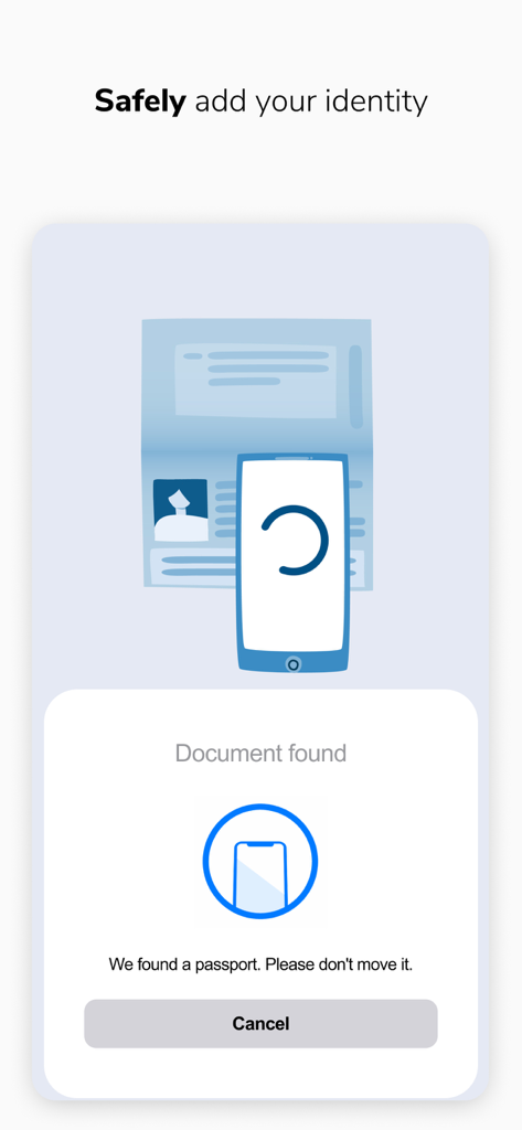 Vidua - Mobile screen of Vidua app showing the process of scanning a passport to safely add a digital identity