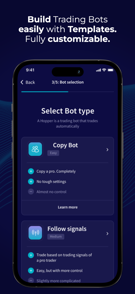 Cryptohopper app screen for selecting automated trading bot templates like Copy Bot