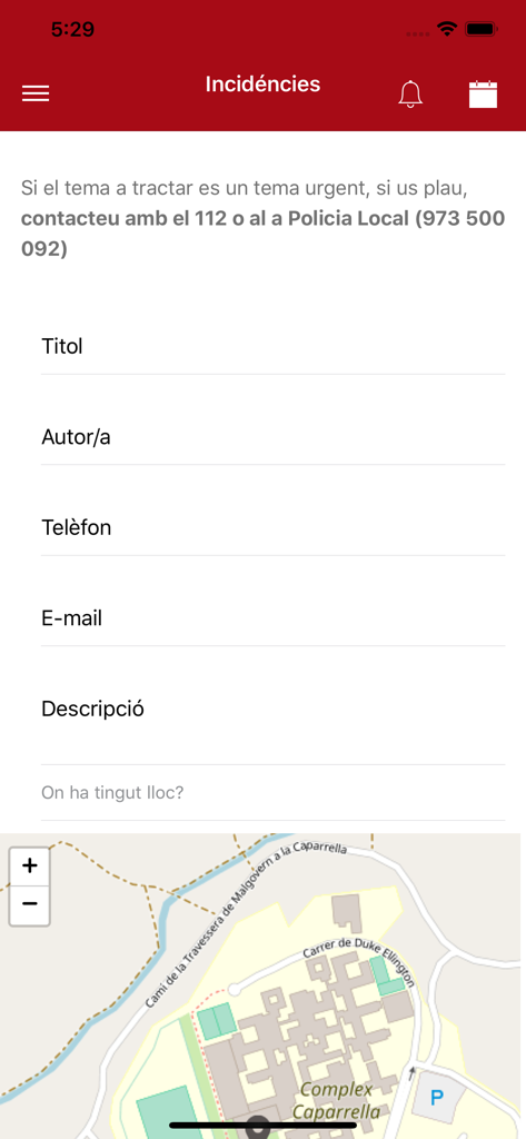 Ajuntament de Tàrrega - Incident reporting form screen in the Ajuntament de Tarrega app with a location map