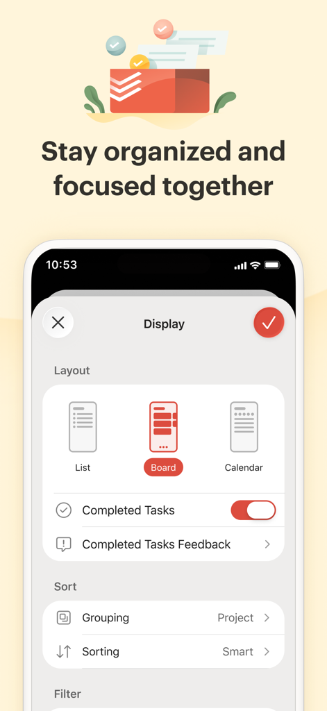 Todoist app interface showing layout customization options for list board and calendar views